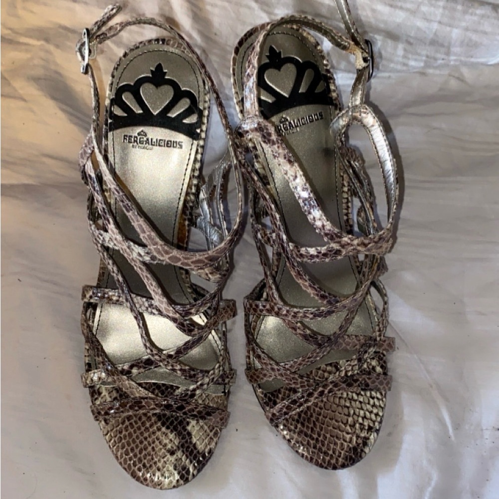 Fergalicious Brown Heeled Sandals with Snakeskin Straps-Fergie
